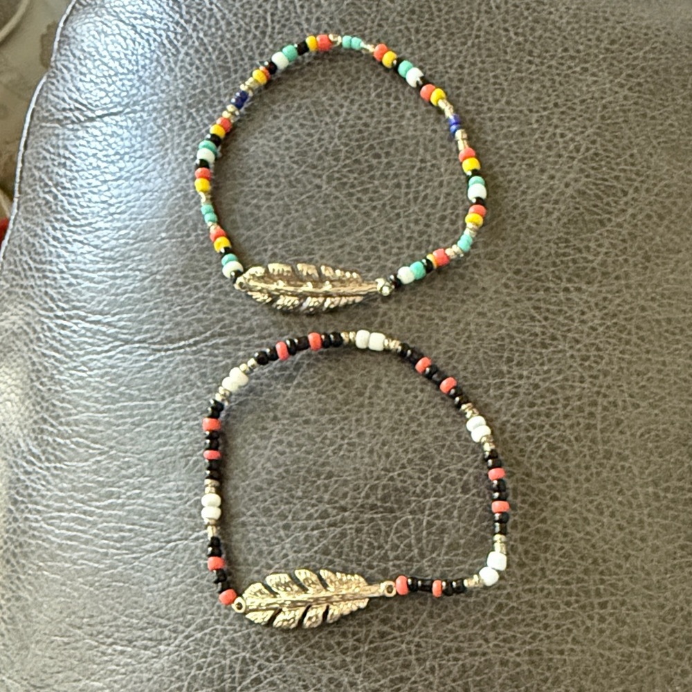 Colorful Beaded Bracelets with Gold Leaf Charm